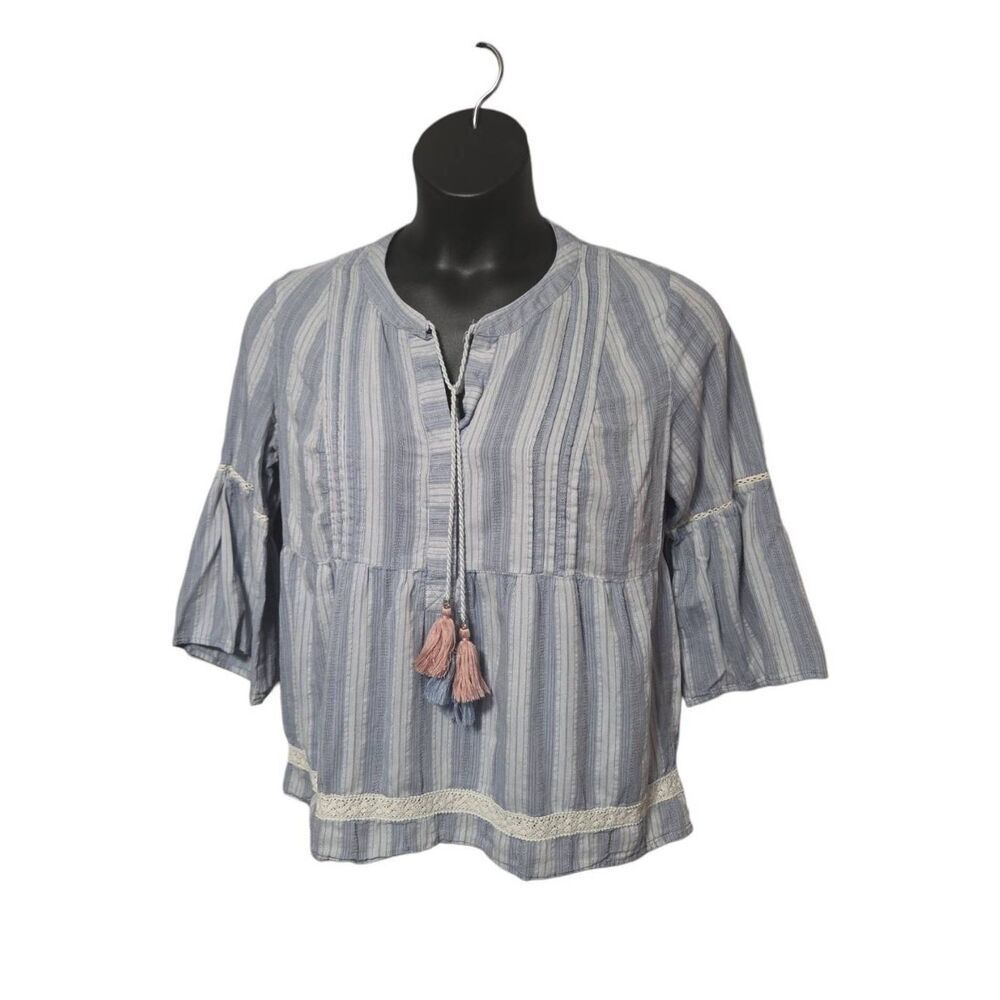 Knox Rose Boho Striped Babydoll Blouse with Tassels - Size L